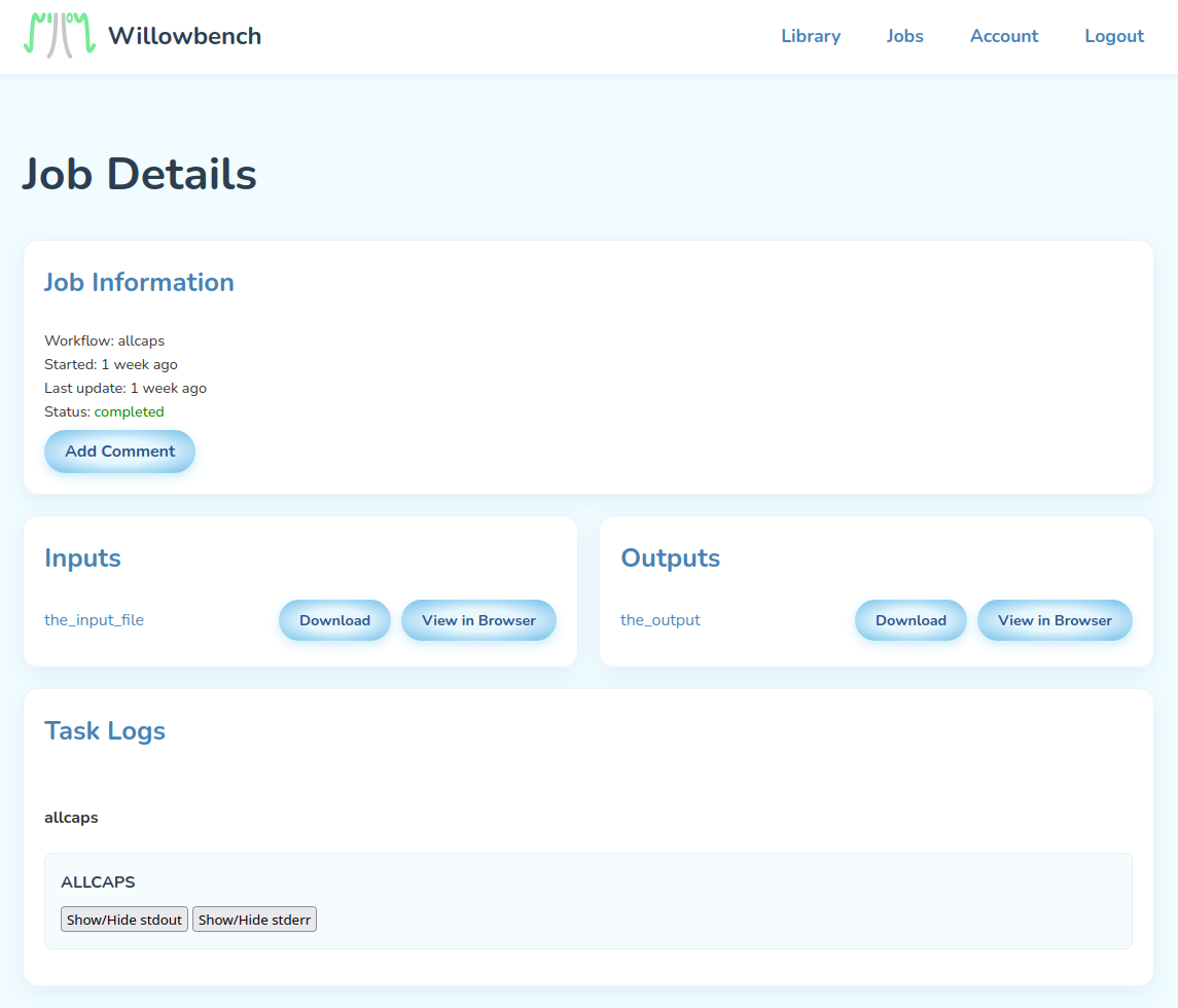 Screenshot of a finished job in Willowbench